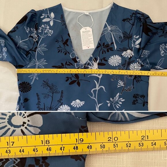 Floral V-Neck Mini Dress Sz Medium with Puff Sleeves Eco-Friendly Blue Botanical - Picture 6 of 10